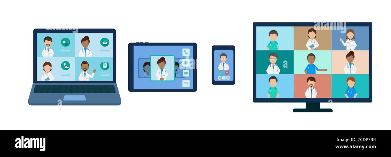 Servizio medico online con i medici su vari dispositivi digitali flat disegno di illustrazione vettoriale Illustrazione Vettoriale