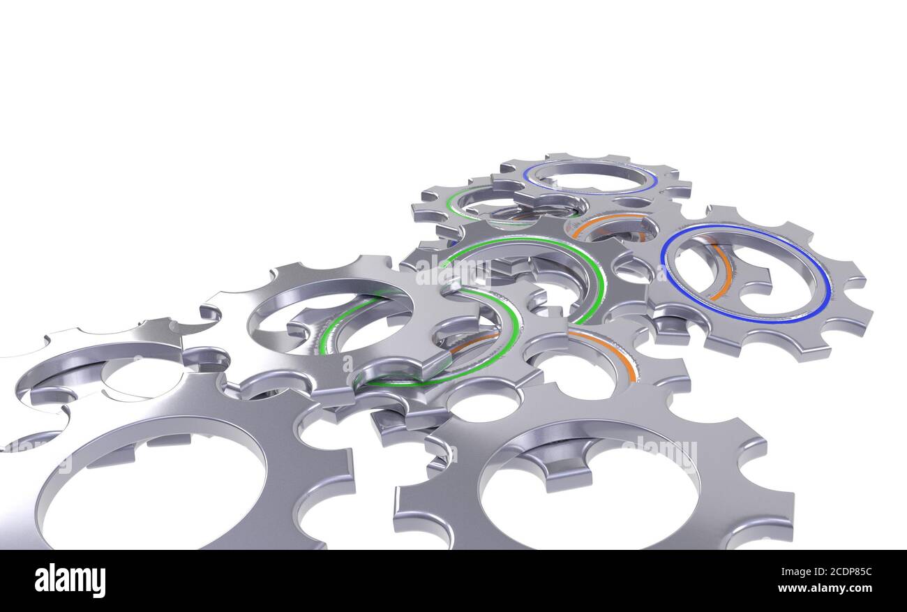 Metal Gear set ruote isolato sfondo bianco - 3d illustrazione Foto Stock