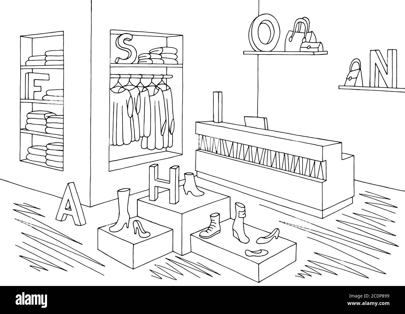 Negozio grafico interno nero bianco illustrazione schizzo vettore Illustrazione Vettoriale