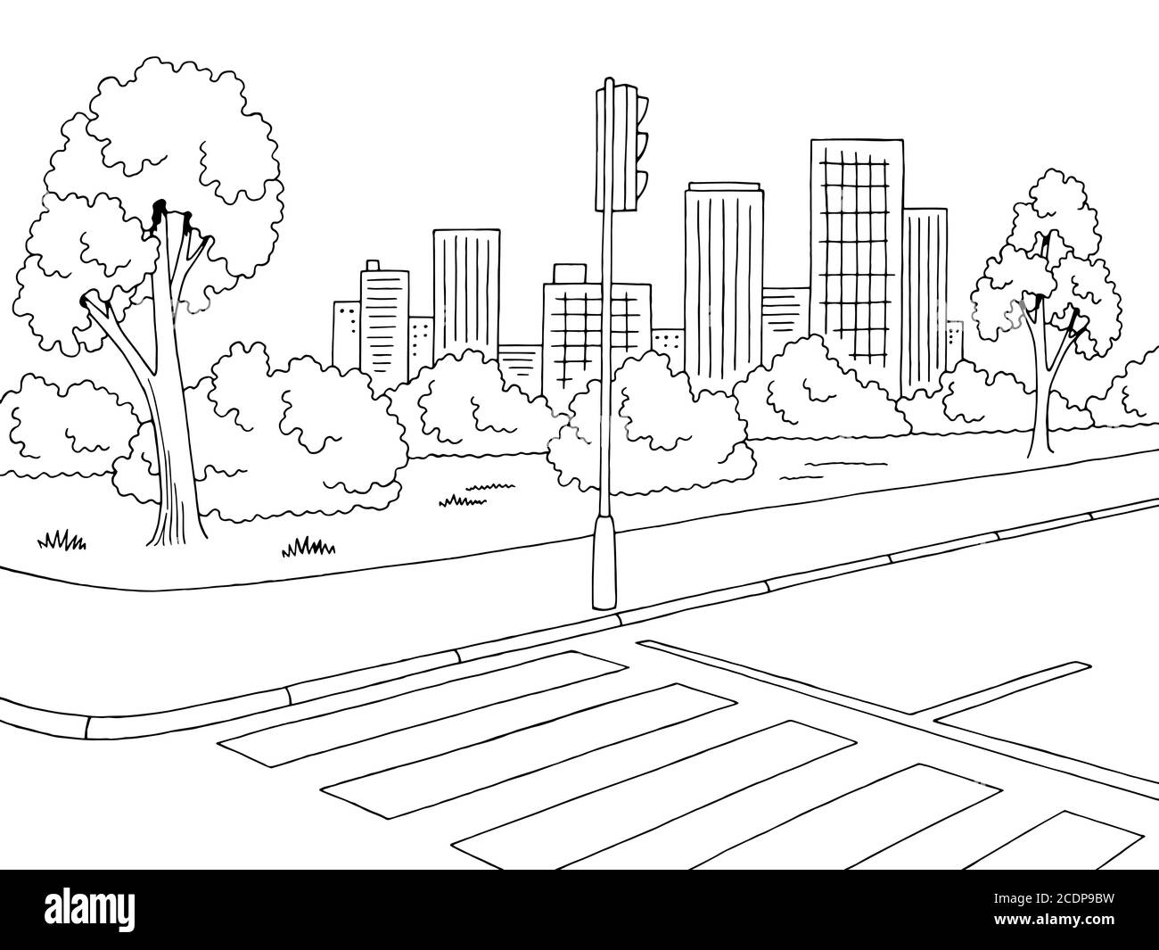 Grafico stradale nero bianco città disegno paesaggio vettore illustrazione Illustrazione Vettoriale