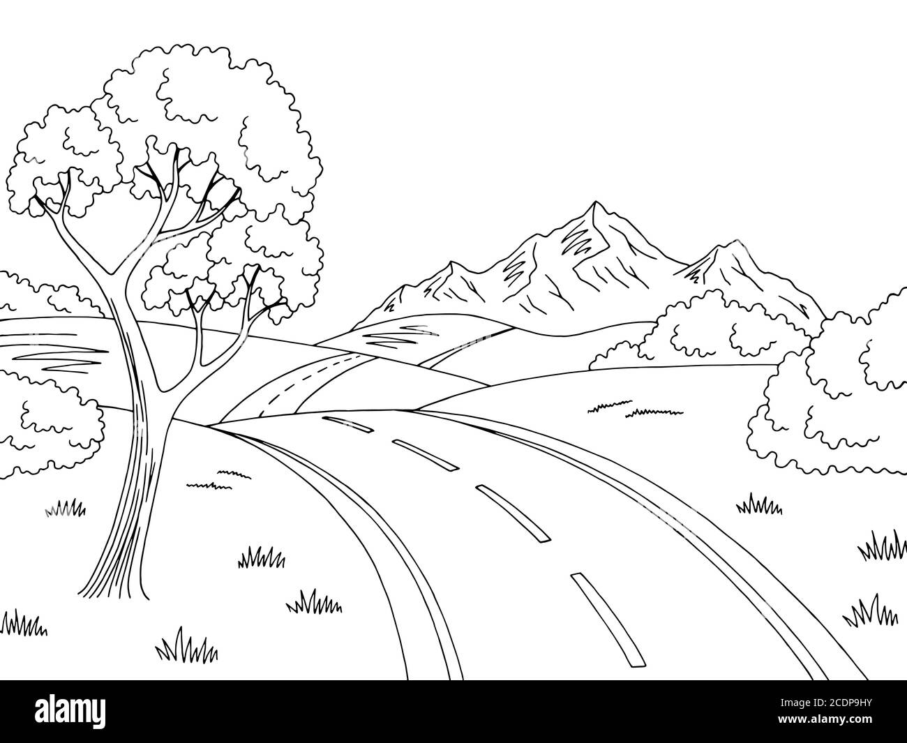 Mountain Road grafico nero bianco disegno paesaggio vettore illustrazione Illustrazione Vettoriale