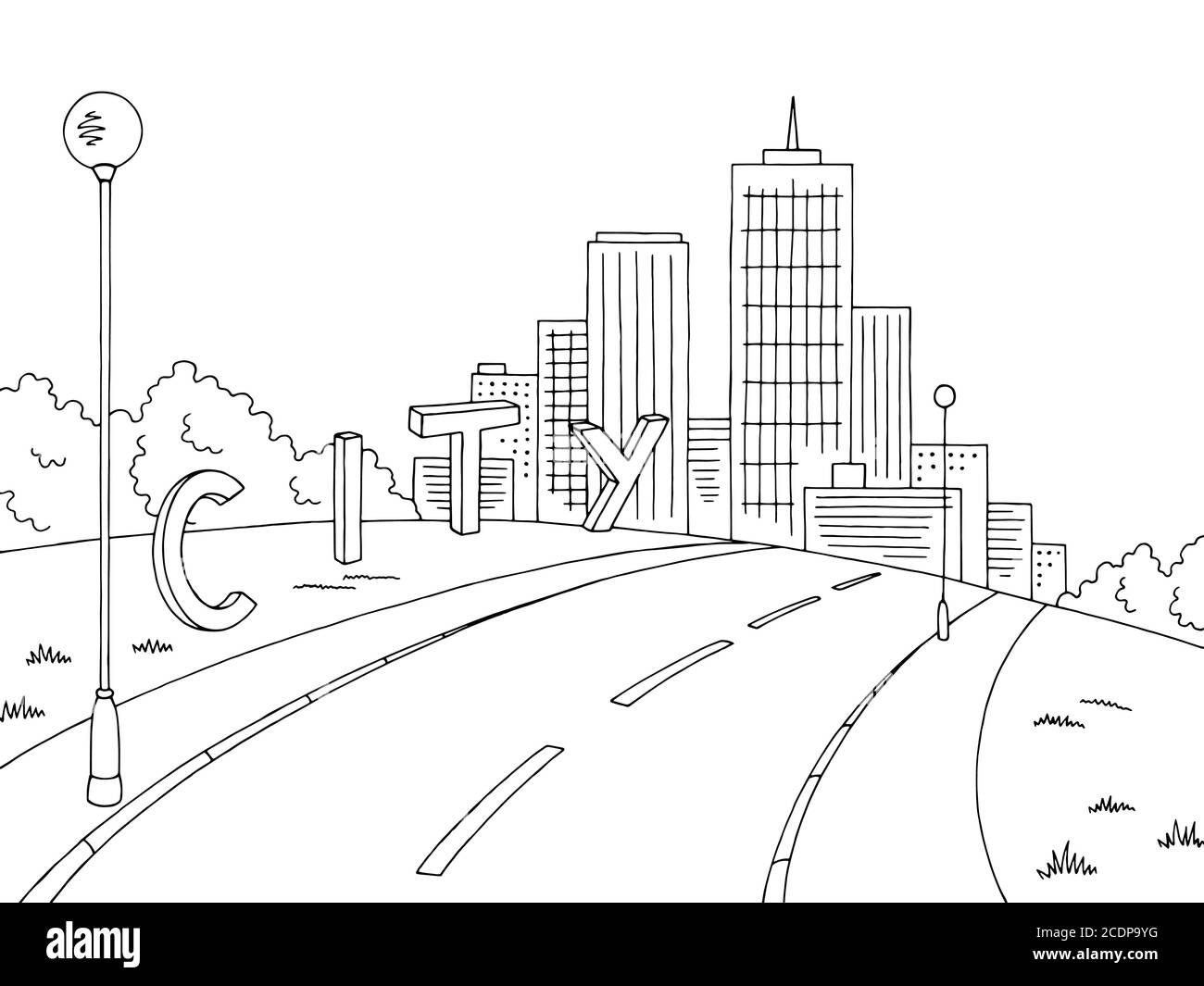 Grafico stradale nero bianco città disegno paesaggio vettore illustrazione Illustrazione Vettoriale