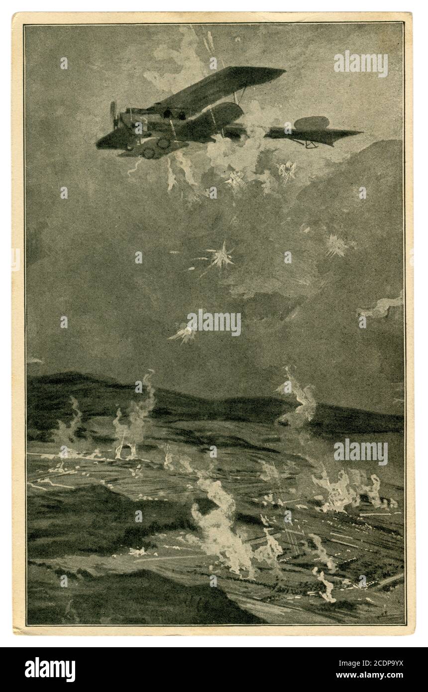 Cartolina storica tedesca: Sparare al velivolo da terra con mitragliatrici e pistole antiaeree, prima guerra mondiale 1914-1918. Germania Foto Stock
