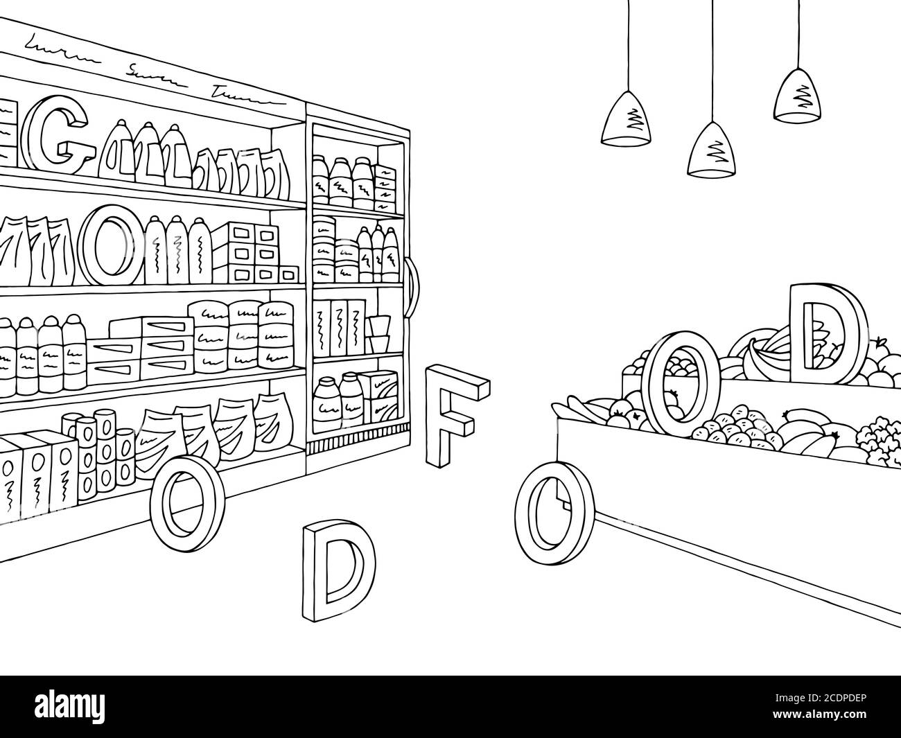 Negozio di alimentari grafica negozio interno nero bianco illustrazione vettore schizzo Illustrazione Vettoriale