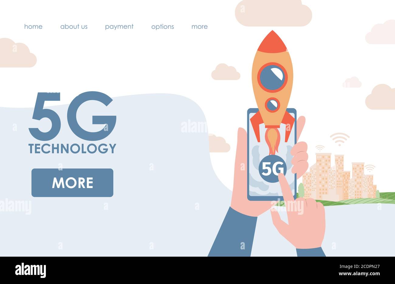 Modello vettoriale della pagina di destinazione con tecnologia 5G con spazio di testo. Smartphone che tiene le mani con tecnologia wireless di rete 5G veloce e razzo che vola verso il cielo. Concetto di alta velocità. Illustrazione Vettoriale
