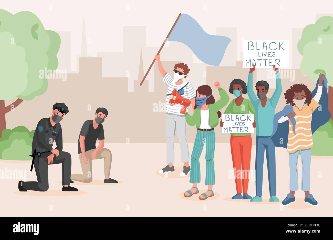 Gli agenti di polizia che prendono un ginocchio davanti a protestare le persone nel parco della città vettore flat illustrazione. Persone che si incontrano, tenendo bandiere, e banner con Black Lives materia parole. Fermare il concetto di razzismo. Illustrazione Vettoriale