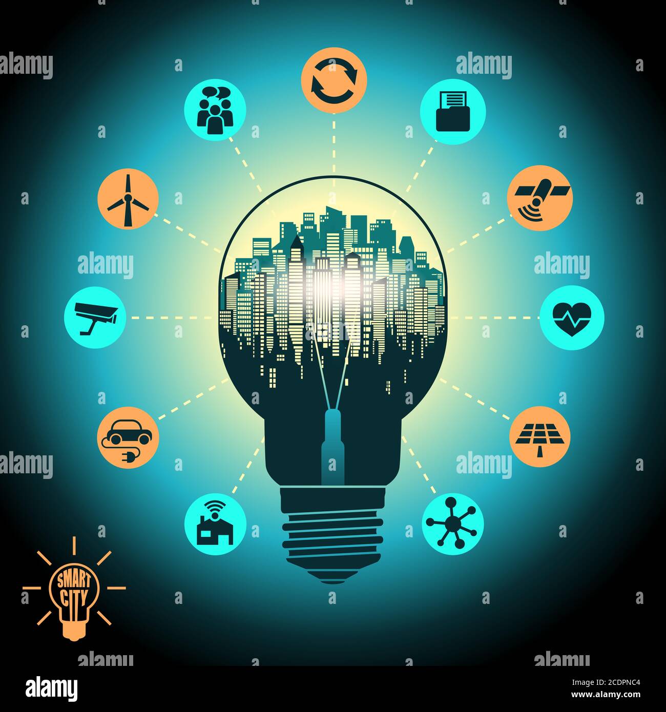 Concetto di città intelligente, paesaggio urbano in una lampadina silhouette con servizi intelligenti avanzati, Internet delle cose, social networking Illustrazione Vettoriale