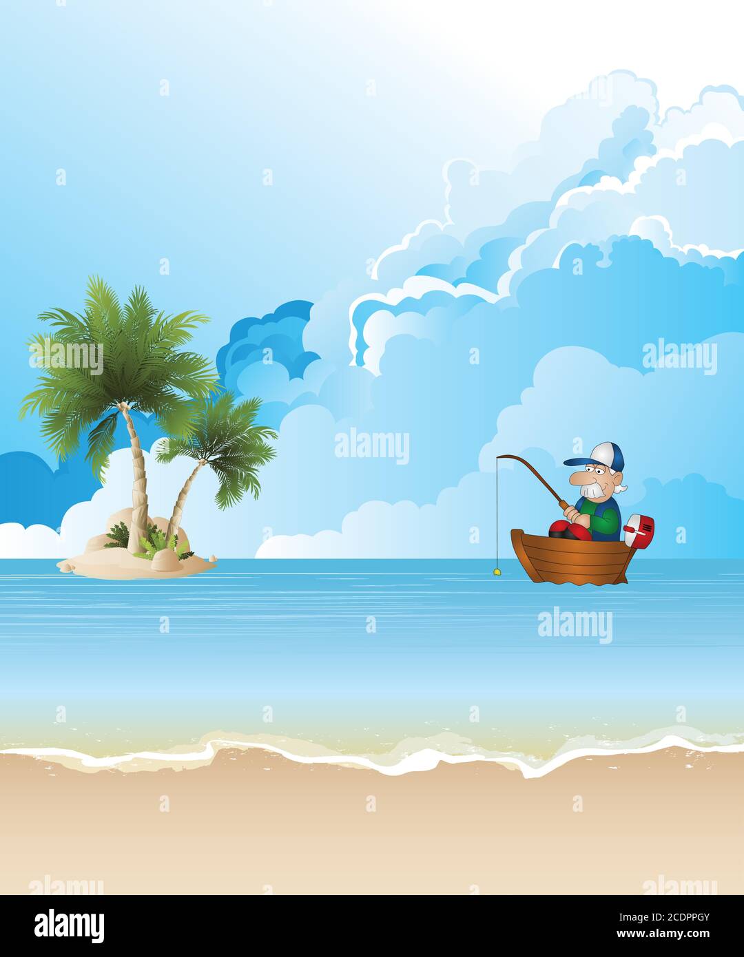 Pittoresca isola tropicale spiaggia scena con pescatore in barca set contro un cielo blu nuvoloso Illustrazione Vettoriale