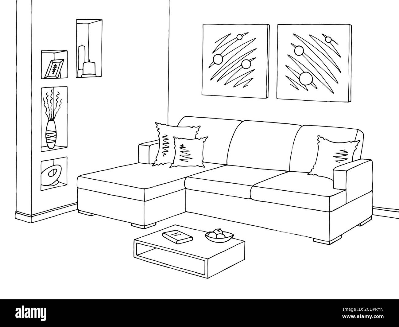 Grafica del salotto bianco nero disegno del divano interno grafico  vettoriale Immagine e Vettoriale - Alamy