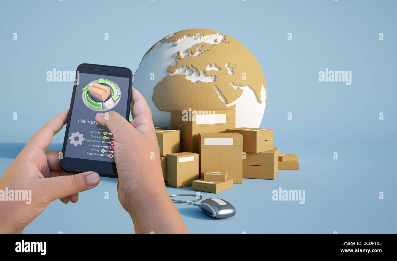 Rendering 3D di pacchetti di app per il monitoraggio della consegna di uno smartphone su lo sfondo Foto Stock