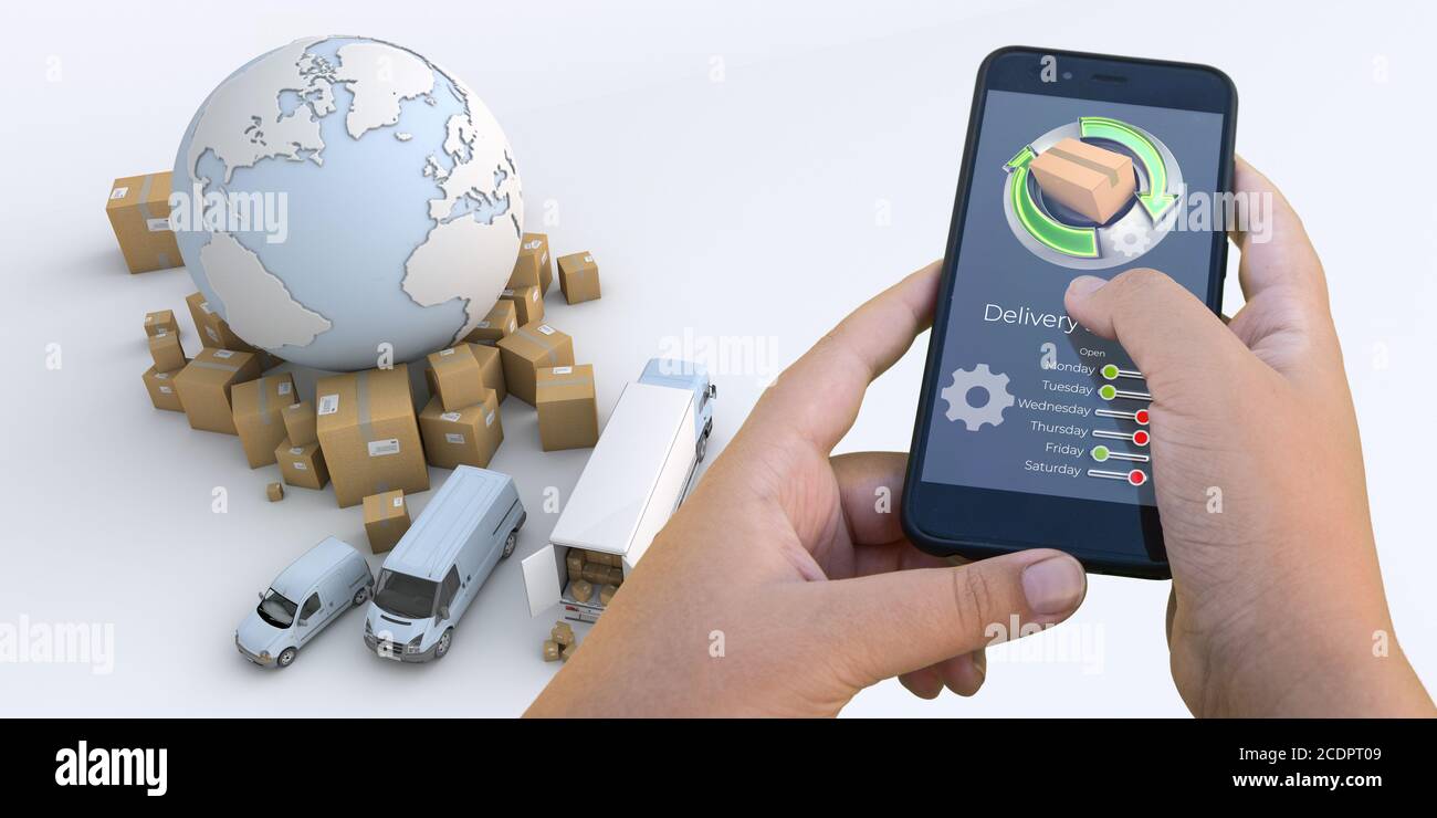 Rendering 3D di un'applicazione di monitoraggio della consegna tramite smartphone con i veicoli e le merci sullo sfondo Foto Stock