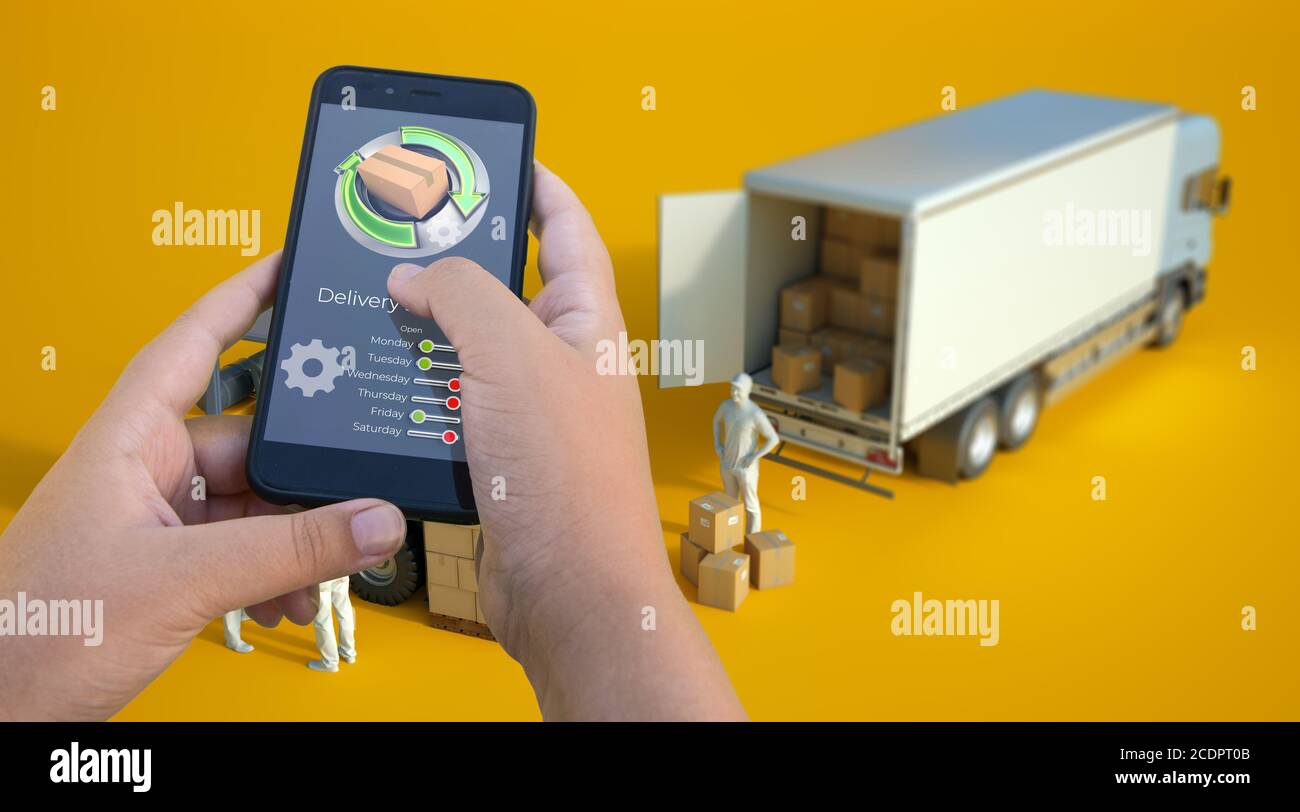 Rendering 3D di un'applicazione di monitoraggio della consegna tramite smartphone con i veicoli e le merci sullo sfondo Foto Stock