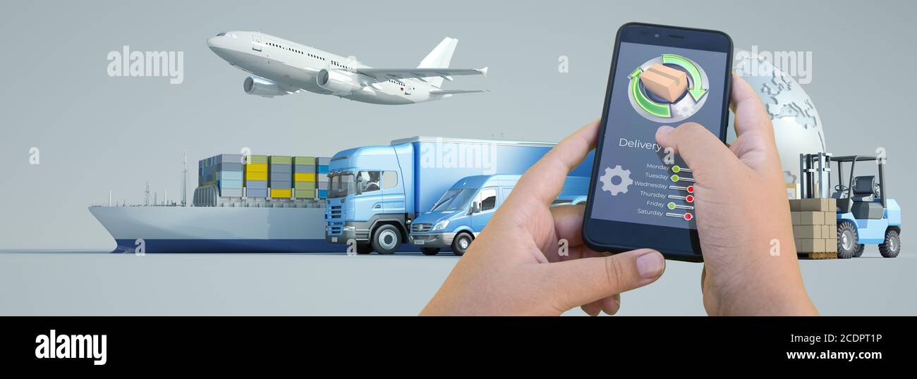 Rendering 3D di un'applicazione di monitoraggio della consegna dello smartphone con un aereo, un camion, una nave e un furgone sullo sfondo Foto Stock
