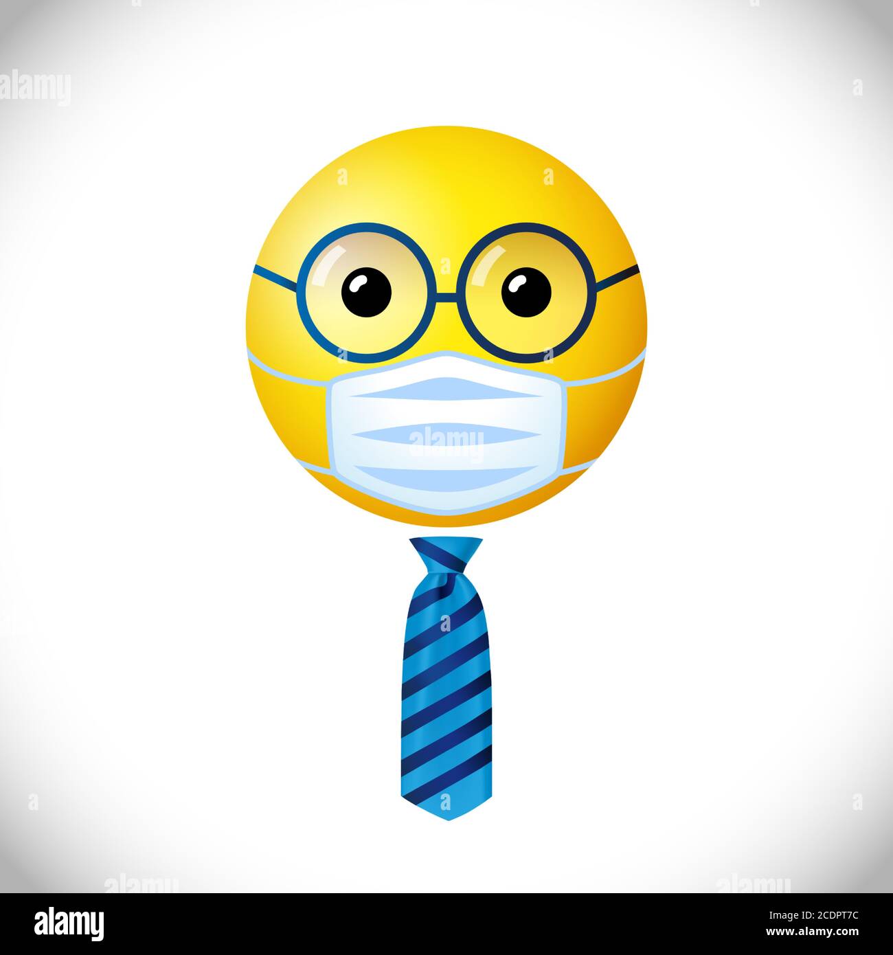 Uomo d'affari con maschera medica emoji icona. Buon mondo giorno congrati creativi. Modello grafico astratto isolato. Simbolo giallo del sorriso Illustrazione Vettoriale