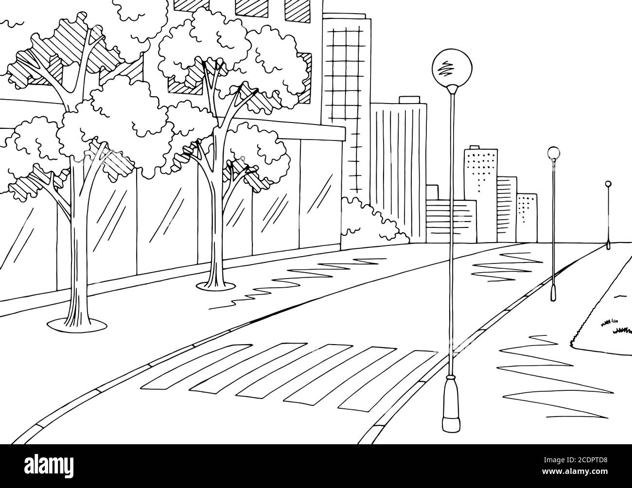 Grafico stradale nero bianco città disegno paesaggio vettore illustrazione Illustrazione Vettoriale