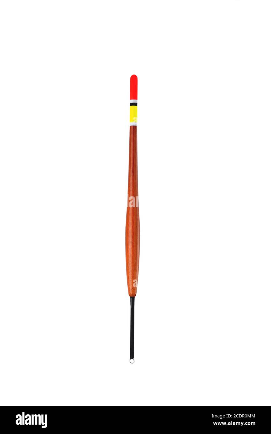 Lungo galleggiante cilindrico per la pesca con una canna da pesca, accessori per la pesca, su uno sfondo bianco primo piano Foto Stock