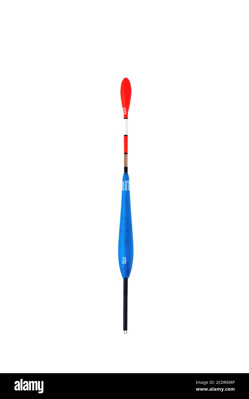 Galleggiante a forma di pera blu con antenna rossa, galleggiante per la pesca su laghi e fiumi, accessori per la pesca, primo piano sfondo bianco Foto Stock