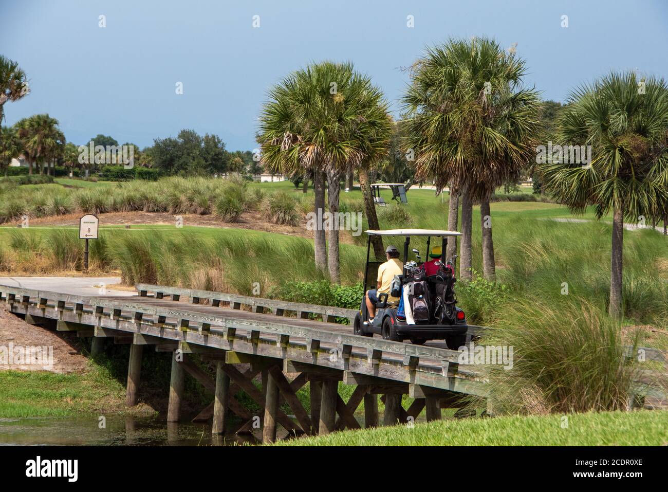 Padre & Figlio che attraversa il Golf Cart Bridge su un Campo da golf Florida Foto Stock