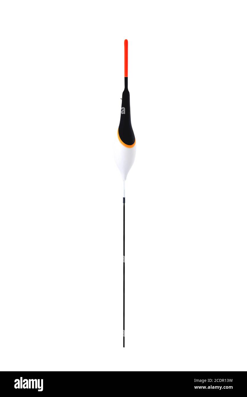 mandrino lungo sotto forma di un fuso bianco con un'antenna rossa per la pesca con una canna da pesca, accessori di pesca fondo bianco primo piano Foto Stock
