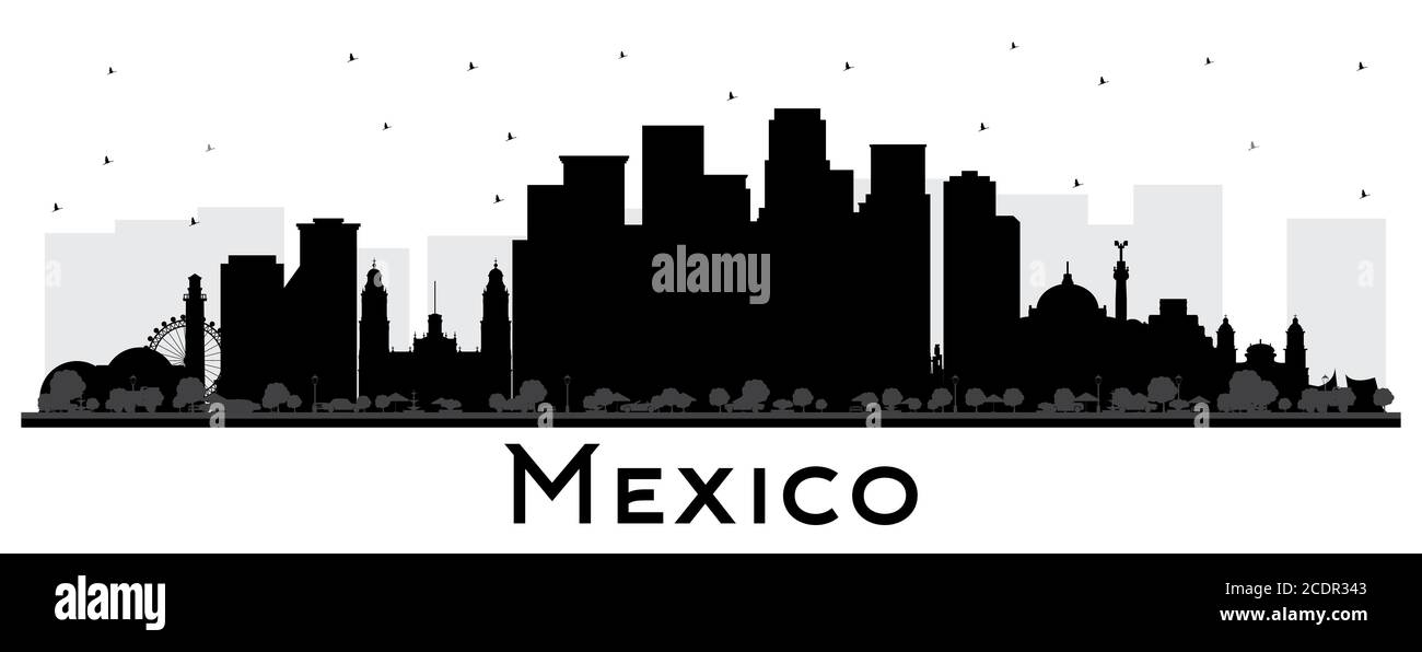 Silhouette Mexico Skyline con edifici neri isolati in bianco. Illustrazione vettoriale. Concetto con architettura storica. Paesaggio urbano del Messico. Illustrazione Vettoriale