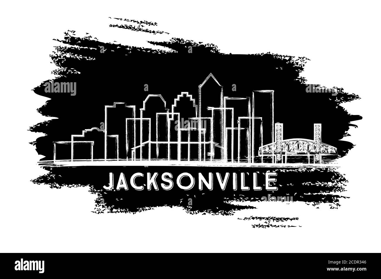 Jacksonville, Florida City Skyline Silhouette. Schizzo disegnato a mano. Concetto di viaggio d'affari e turismo con architettura storica. Illustrazione vettoriale. Illustrazione Vettoriale