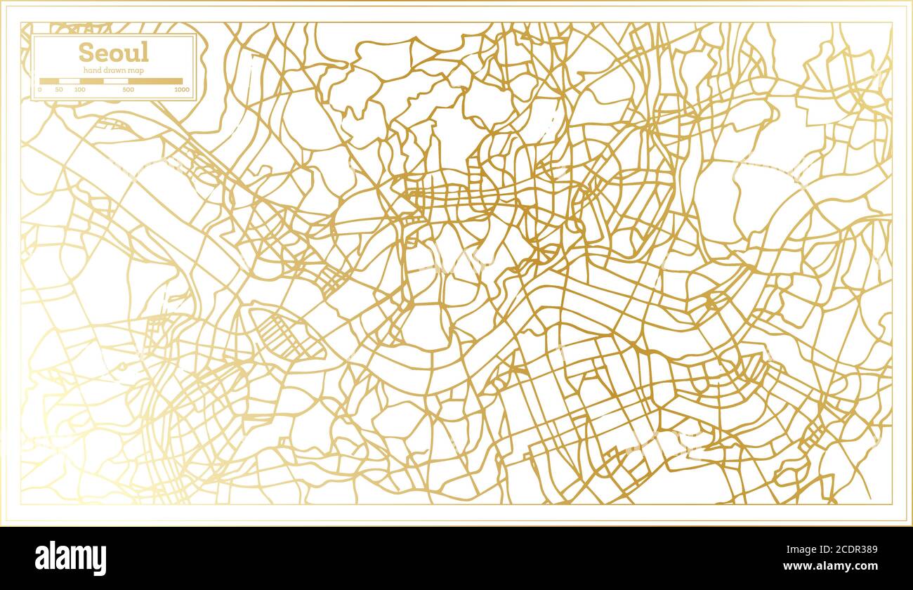 Mappa della città della Corea del Sud di Seoul in stile retro in colore dorato. Mappa di contorno. Illustrazione vettoriale. Illustrazione Vettoriale