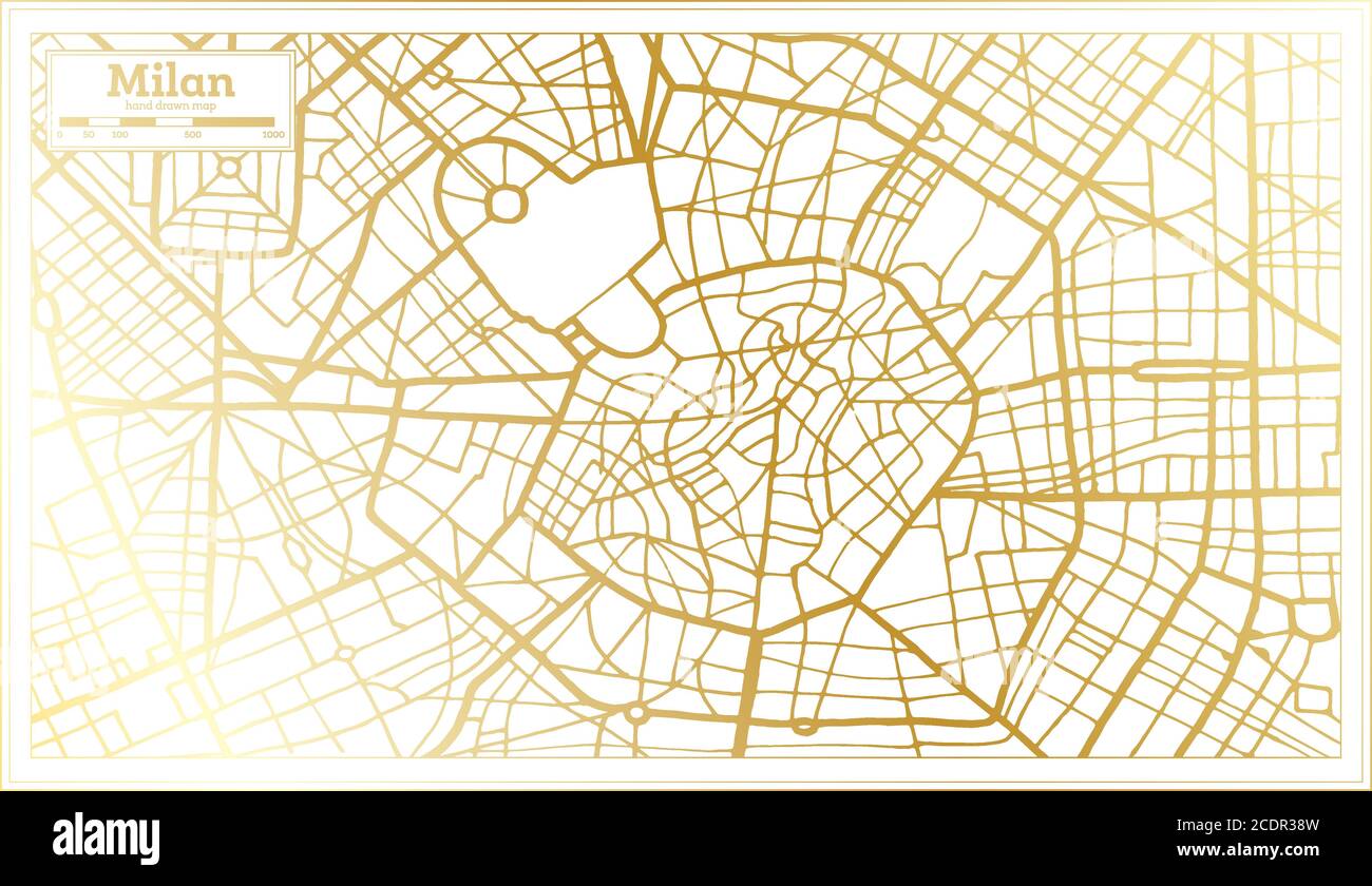 Mappa della città di Milano in stile retro in colore dorato. Mappa di contorno. Illustrazione vettoriale. Illustrazione Vettoriale