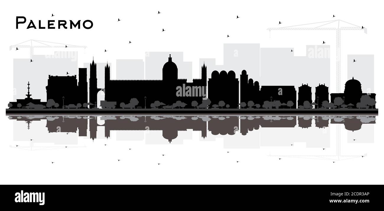 Palermo Italia City Skyline Silhouette con edifici neri e riflessi isolati su Bianco. Illustrazione vettoriale. Illustrazione Vettoriale