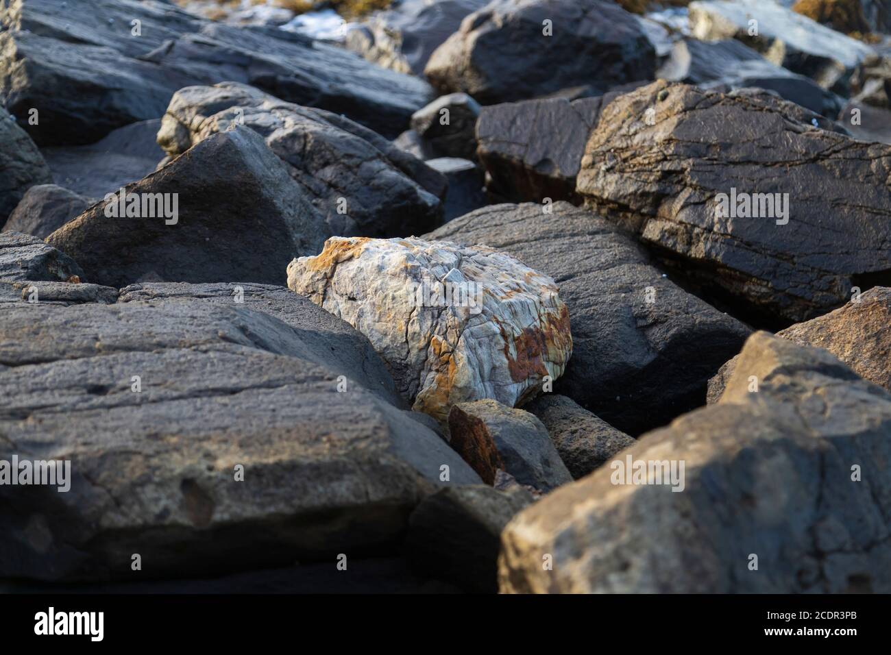 tufo roccia vulcanica quarried isolata tra rocce più scure Foto Stock