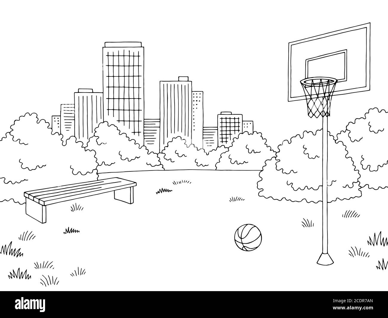Street sport basket grafica black white città paesaggio illustrazione schizzo vettore Illustrazione Vettoriale