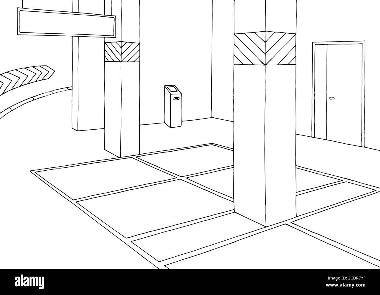 Garage sotterraneo grafico nero bianco disegno interno disegno vettore Illustrazione Vettoriale