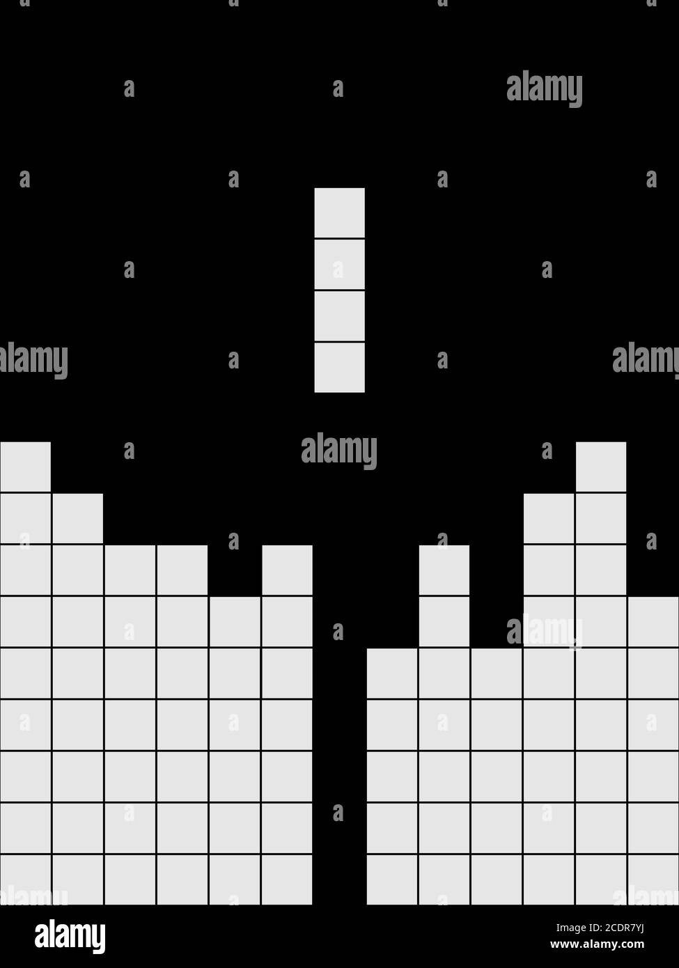 Illustrazione del gioco in bianco e nero. Vecchio video gioco modello quadrato. Mattoni pezzi sfondo del gioco. Illustrazione del gioco con quadrati bianchi. Foto Stock