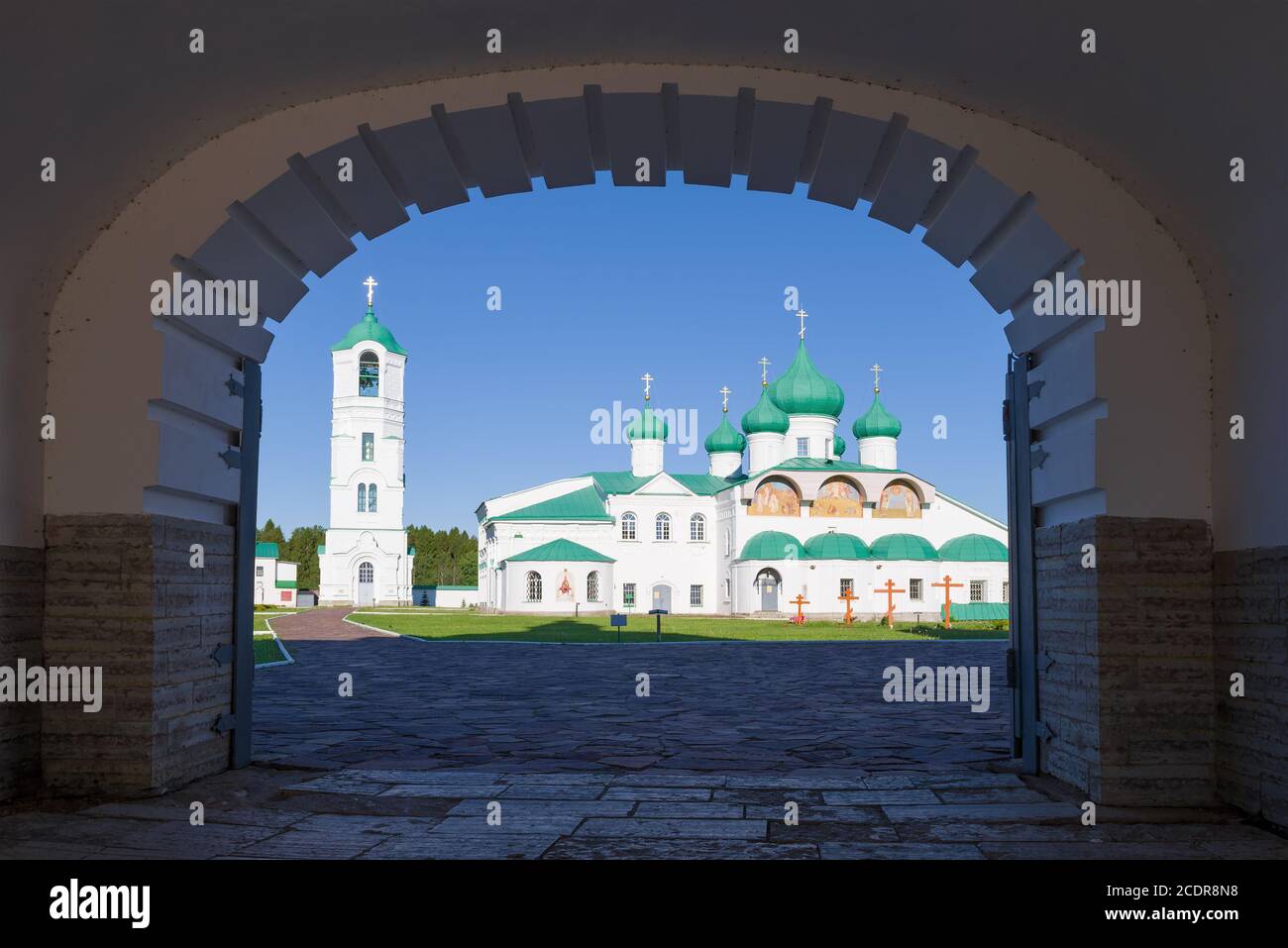 All'ingresso del Monastero della Santissima Trinità Alexander Svirsky. Regione di Leningrad, Russia Foto Stock