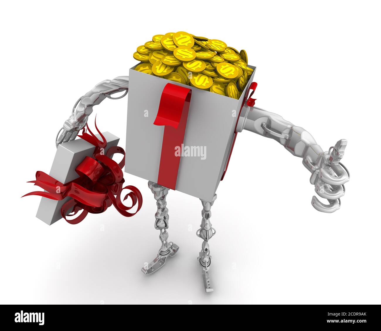 Soldi - il regalo migliore. Confezione regalo aperta in giallo (con mani e piedi) piena di monete americane che mostrano i permessi e le approvazioni dei gesti Foto Stock