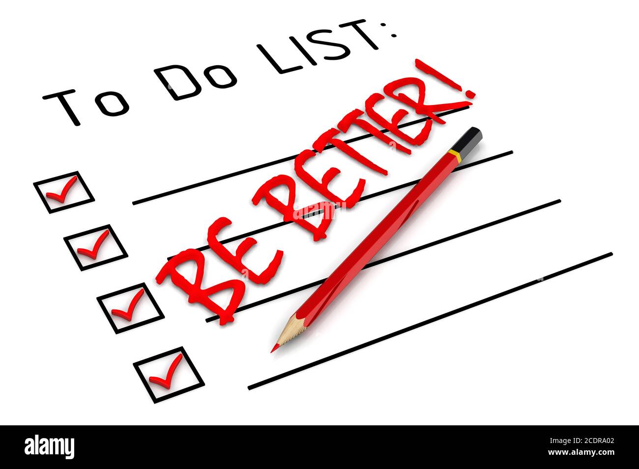 Sia migliore! Testo nell'elenco attività. Una matita rossa e un grande testo rosso SONO MIGLIORI! Nell'elenco impegni Foto Stock