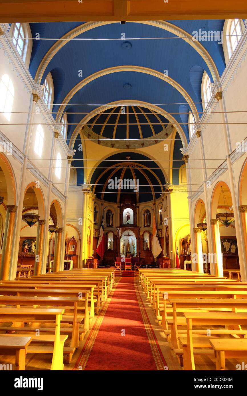 Iglesia del Sagrado Corazón de Jesús è il simbolo di Puerto Varas, che testimonia i colonizzatori tedeschi con il suo stile architettonico. Foto Stock