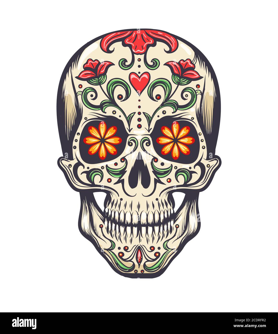 Cranio di zucchero decorato a giorno dei morti (dia de los Muertos) cranio di zucchero, o calavera. Illustrazione vettoriale Illustrazione Vettoriale