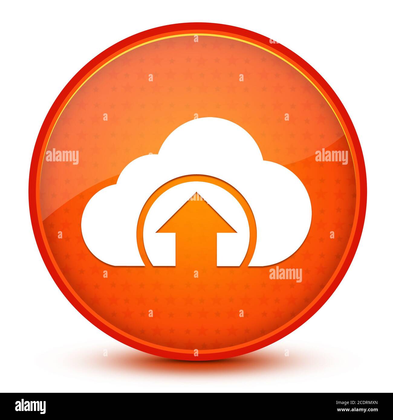 Icona di caricamento cloud isolata su pulsante rotondo arancione con stella lucida illustrazione astratta Foto Stock