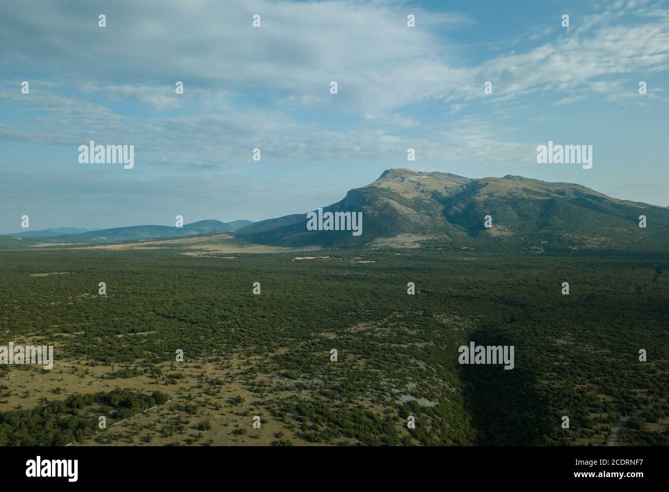 Una vista aerea delle pianure e di una grande collina nell'entroterra della Croazia. Foto Stock