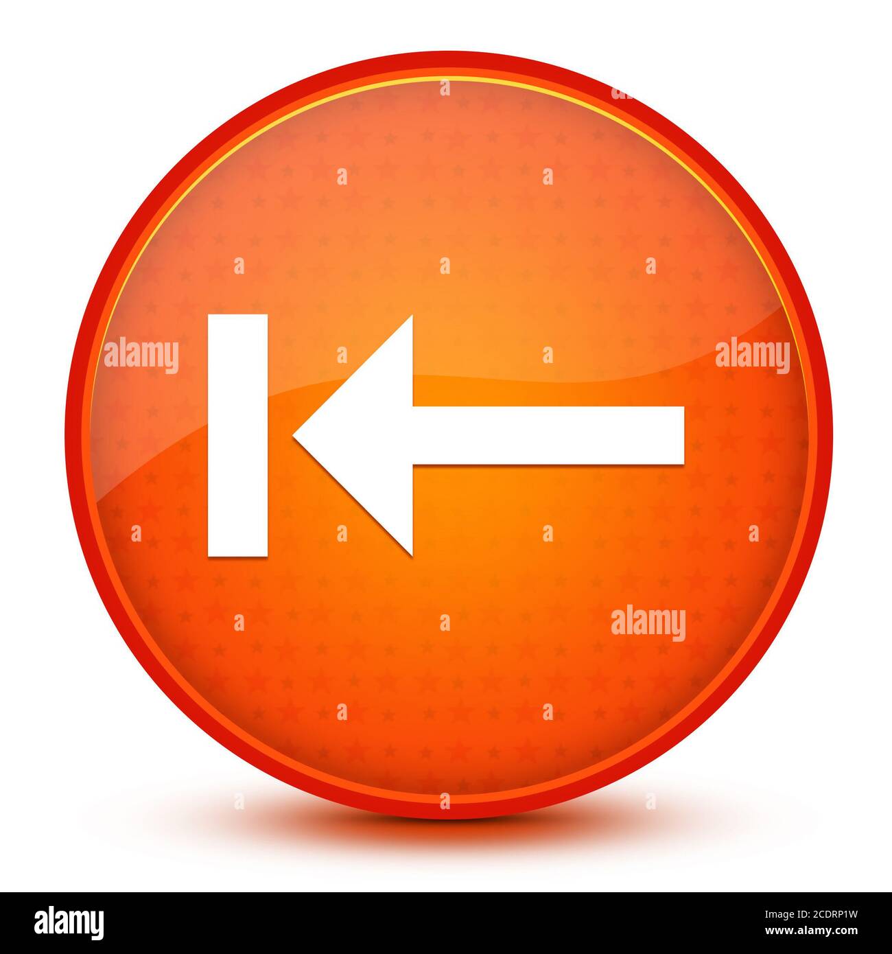 Icona Indietro isolata su astratto pulsante rotondo arancione lucido illustrazione Foto Stock
