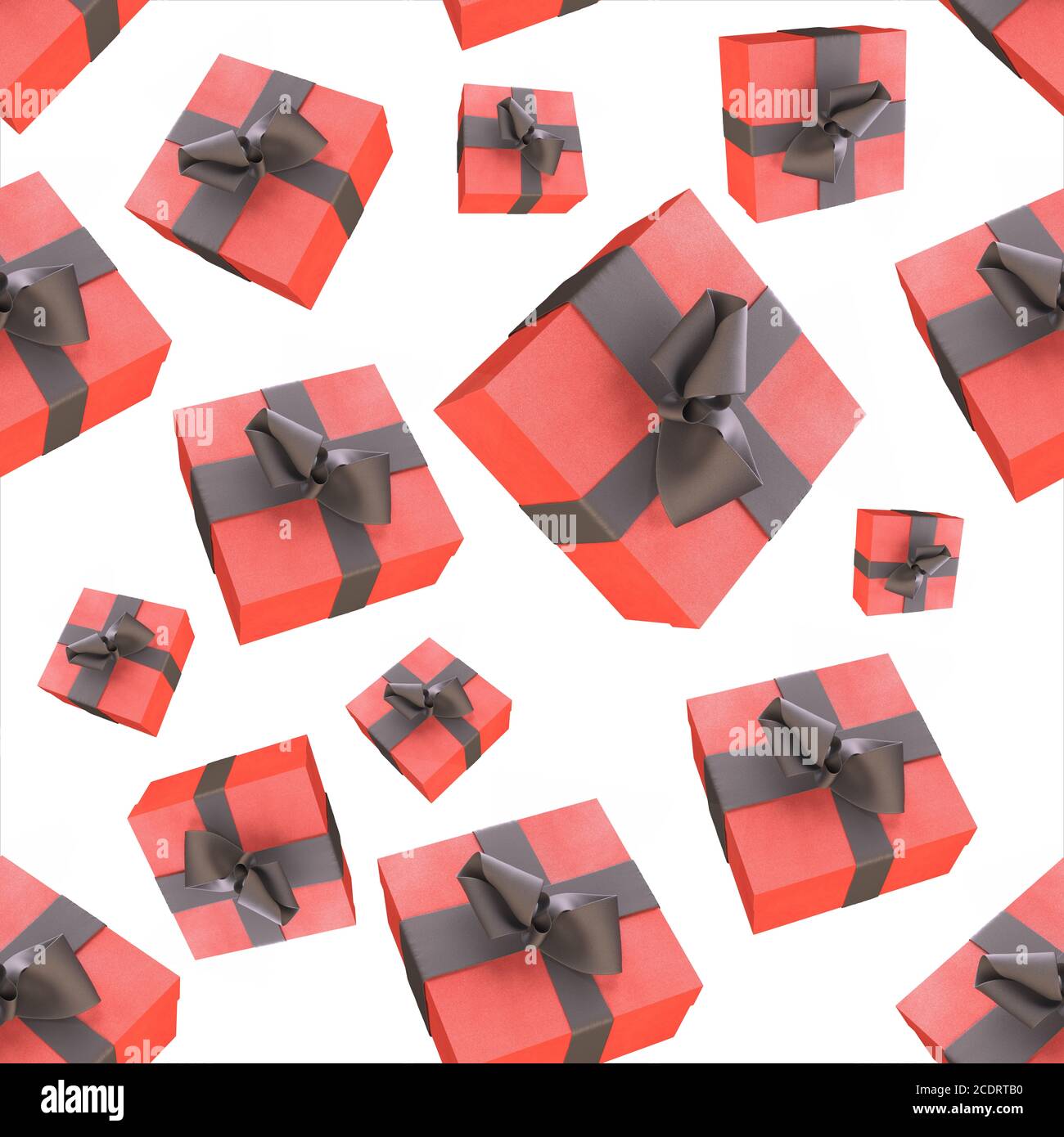 Natale Capodanno scatole regalo colorate rosse con archi di nastri che volano su sfondo bianco. Motivo senza cuciture. illustrazione 3d Foto Stock