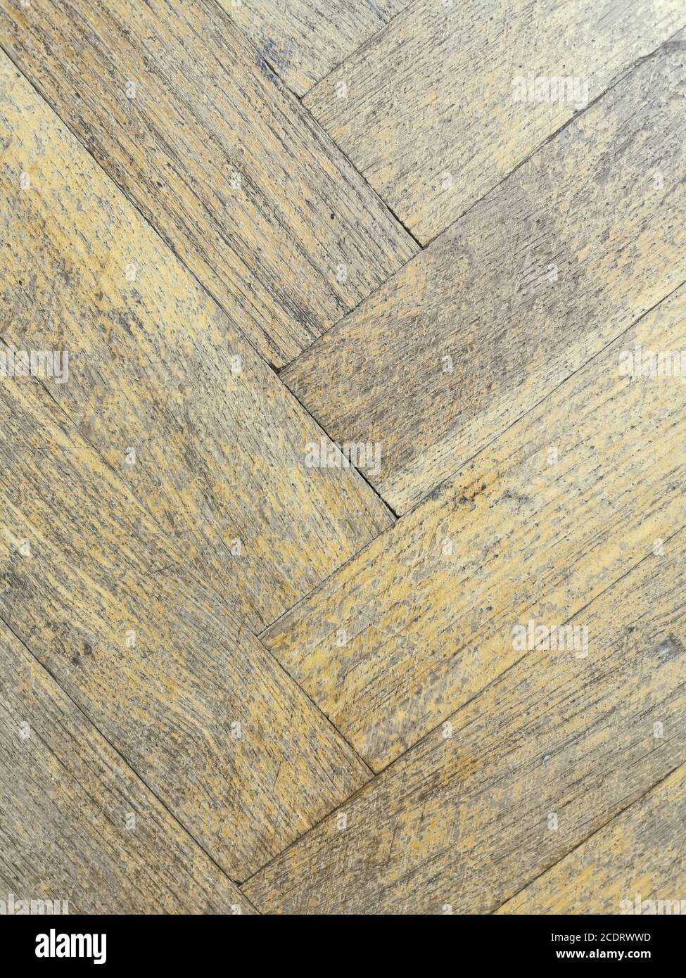 Sfondo vecchio pavimento in parquet dilapido con motivo a spina di pesce. Foto Stock