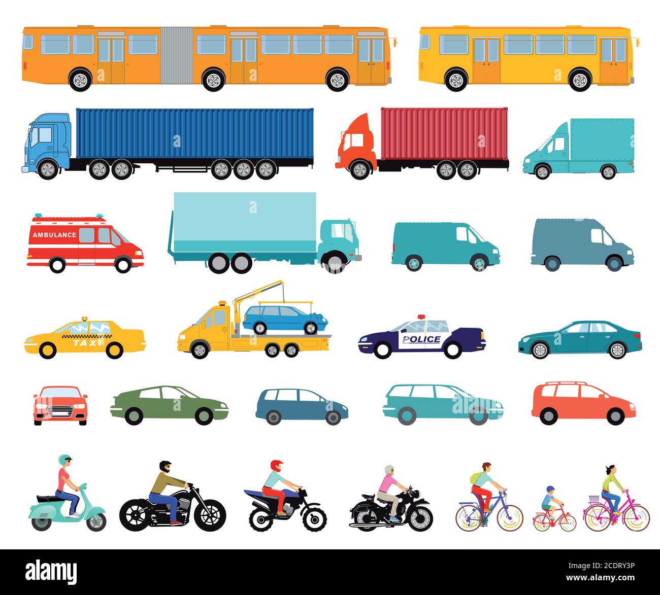 Automobili, camion, autobus, scooter, moto, set di vetture urbane Foto Stock