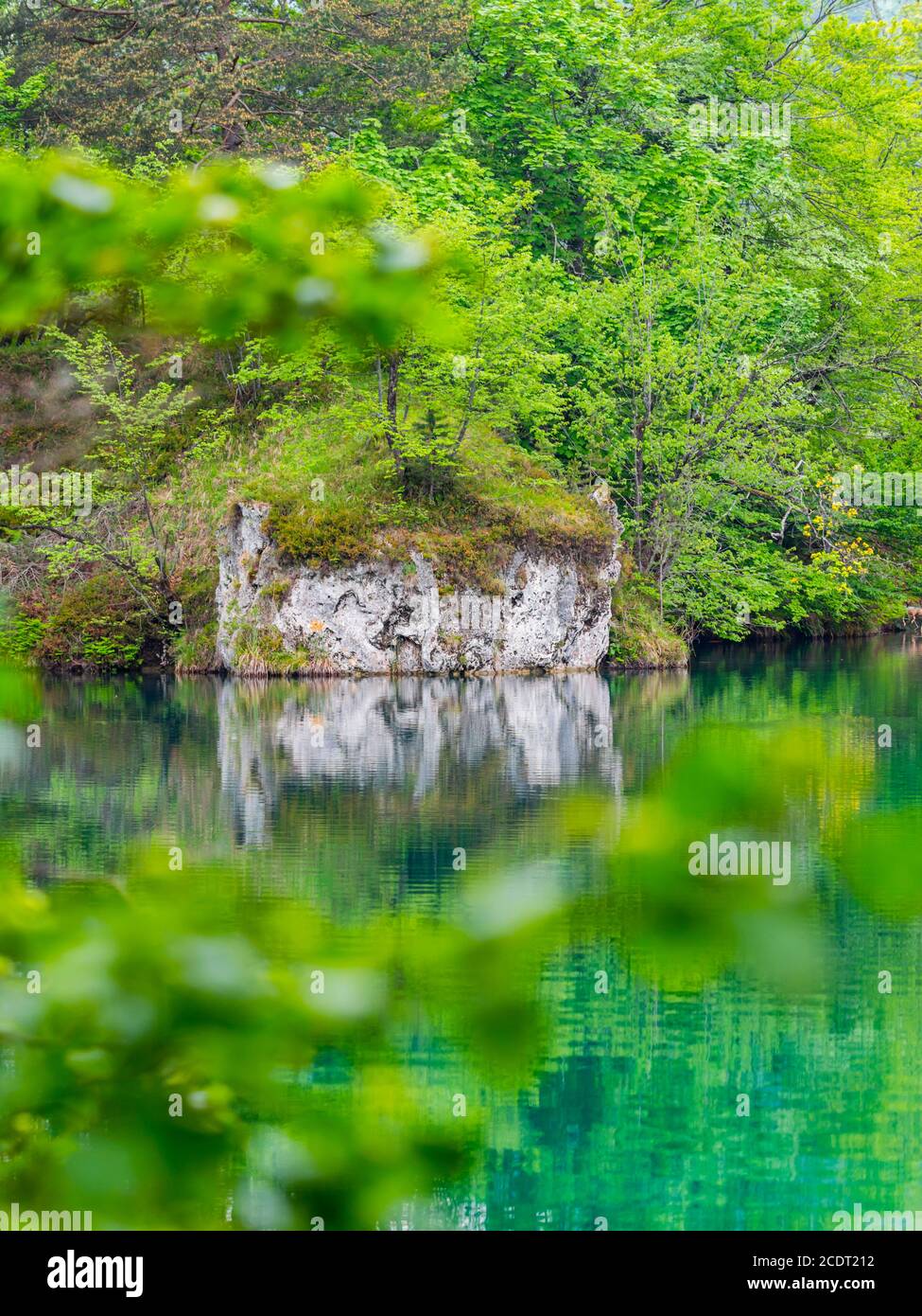 Quiete tranquilla nel Parco Nazionale dei laghi di Plitvice in Croazia Europa acqua flusso d'acqua cascata scenario panoramico Foto Stock