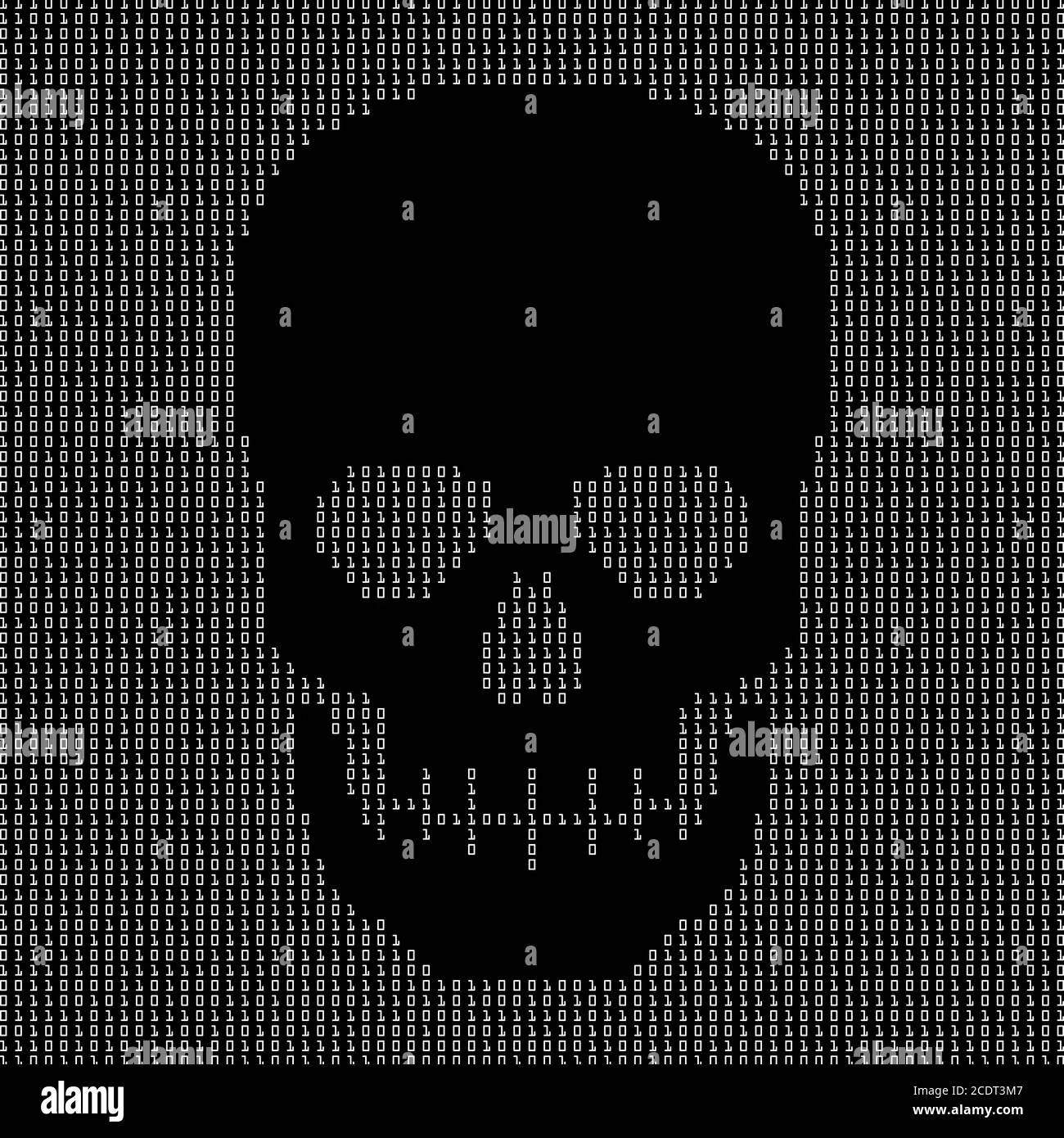 Forma del cranio formata da testo binario bianco su sfondo nero per rappresentare attività criminali o attacchi attraverso l'hacking pirateria trojan e virus Foto Stock