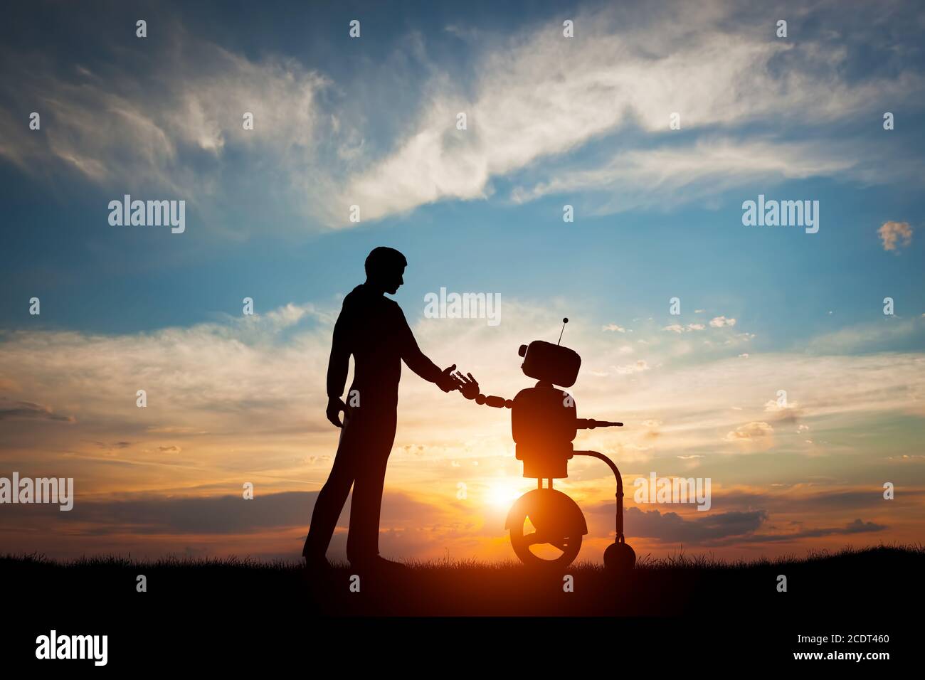 L'uomo e il robot si incontrano e si scuotono le mani. Concetto di interazione futura con l'intelligenza artificiale Foto Stock