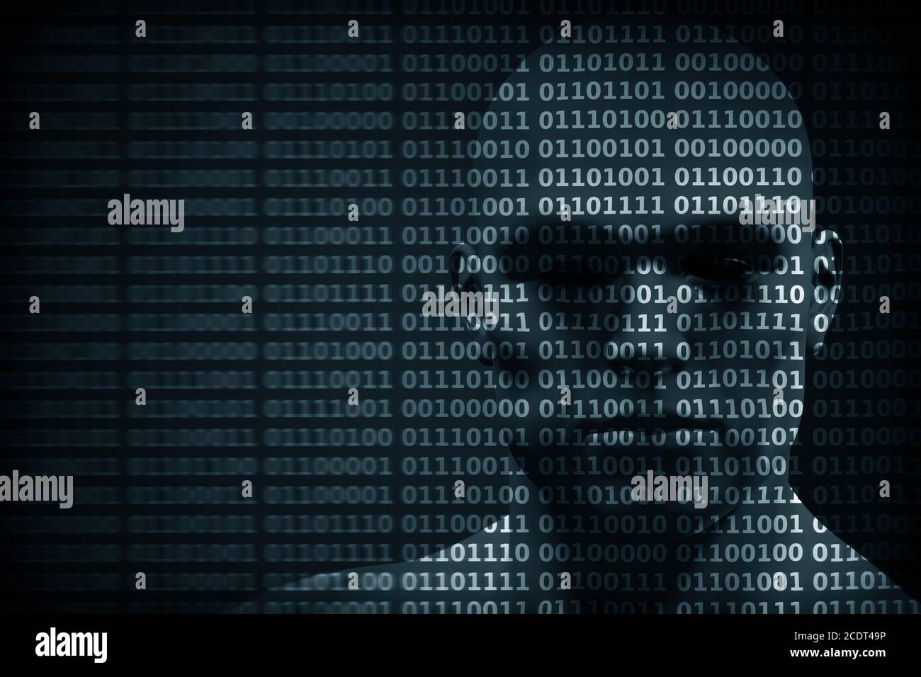 Il volto dell'uomo è composto da cifre di codice binario. Concetto di hacker, protezione dei dati, ecc. Foto Stock