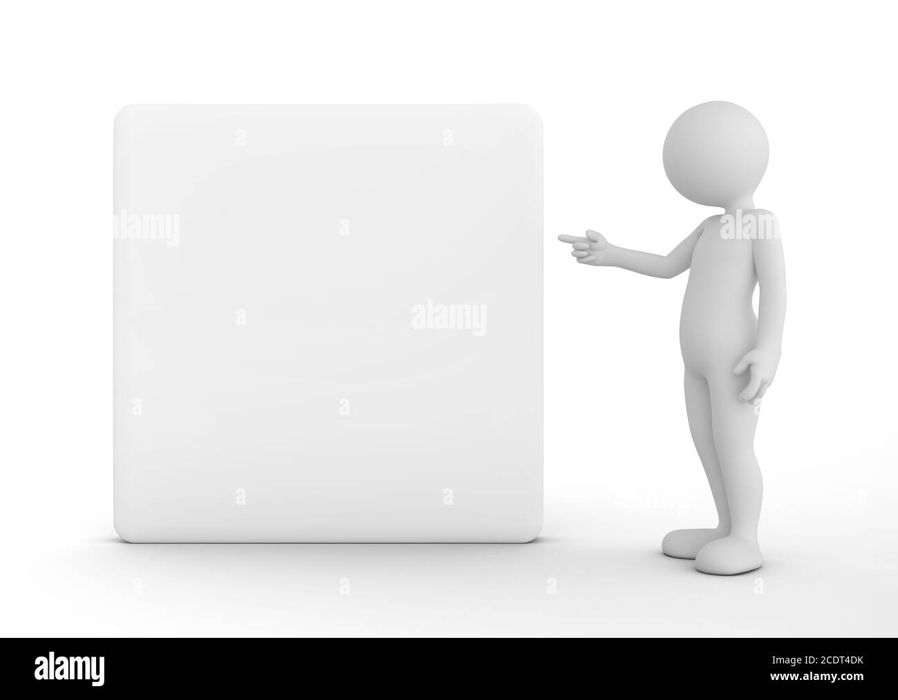 Toon uomo che punta ad un banner vuoto, cartellone, il vostro annuncio. Foto Stock