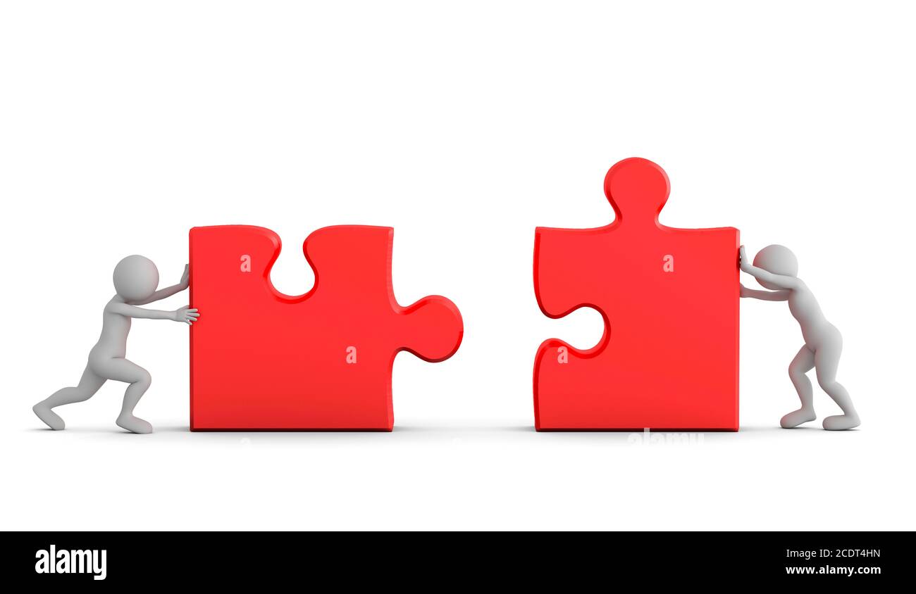 Due uomini di toon collegano due pezzi di puzzle. Concetto di soluzione aziendale, lavoro di squadra Foto Stock
