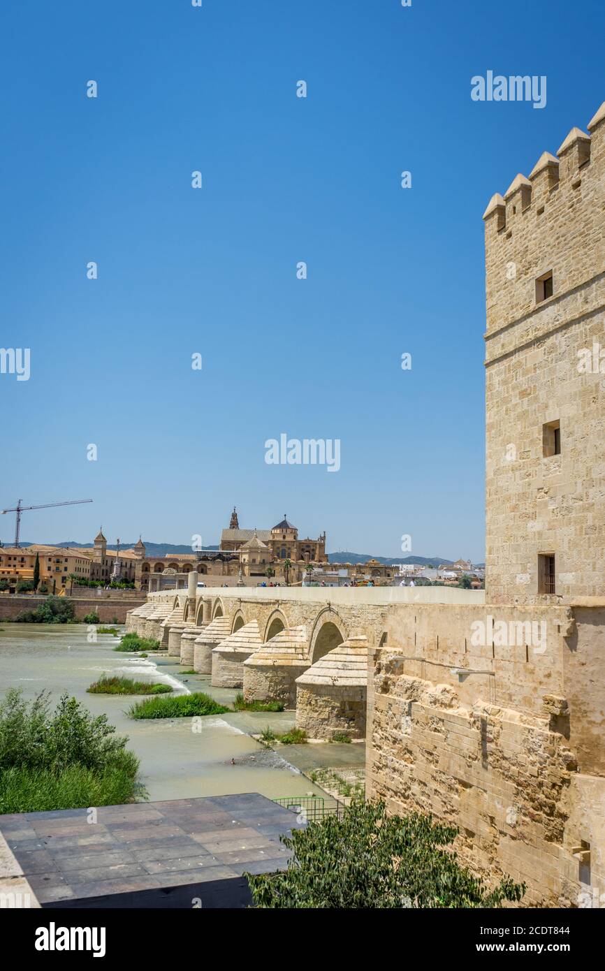 Una vista sulla torre Calahorra, il ponte romano e la chiesa moschea di Cordova, Spagna, Europa Foto Stock